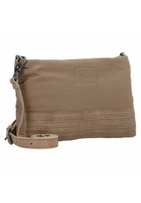 Borsa a tracolla beige realizzata in tessuto con un motivo a righe testurizzate, dotata di una tracolla removibile e di un fermaglio in tonalità argento. Logo impresso.