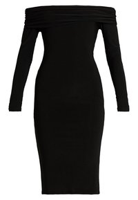 Černé off-shoulder bodycon šaty s dlouhými rukávy a nařaseným výstřihem, přiléhavý střih, délka ke kolenům.