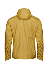 Yellow lightweight jacket with a hood, featuring a smooth texture, elastic cuffs, and a gathered waistband for a fitted shape.