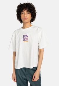 White cotton t-shirt with a crew neck, short sleeves, and a colorful "second nature" graphic in stylized lettering on the front.