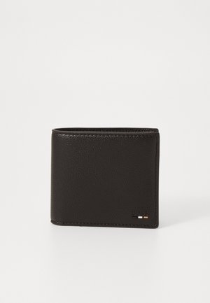 Black leather wallet with textured finish, bi-fold design, and subtle logo detail, featuring three colored accent dots on the lower right corner.