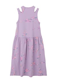 Mouwloze lila jurk met een gepofte taille, gekenmerkt door een abstract meerkleurig patroon in roze en teal. Gemaakt van zachte, rekbare stof.