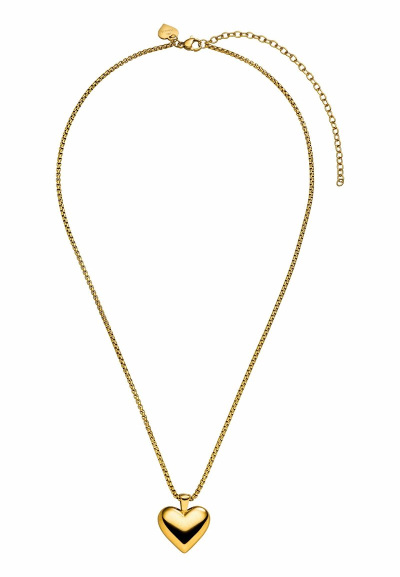 Collier en chaîne dorée avec pendentif en forme de cœur poli et fermeture à clip ajustable sur fond blanc.