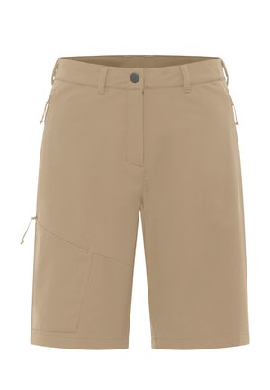 Beige Shorts mit mittlerer Taille, flacher Vorderseite und Seitentaschen. Hergestellt aus glattem, leichtem Stoff mit leichtem Glanz.