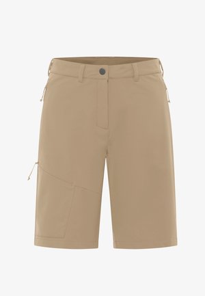 Beige Shorts mit mittlerer Taille, flacher Vorderseite und Seitentaschen. Hergestellt aus glattem, leichtem Stoff mit leichtem Glanz.