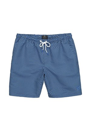 Costume da bagno da uomo blu con motivo a pois bianchi e vita con coulisse bianca, etichetta al centro davanti.