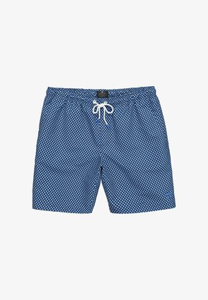 Costume da bagno da uomo blu con motivo a pois bianchi e vita con coulisse bianca, etichetta al centro davanti.