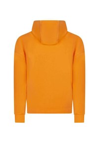 Sweat à capuche orange avec une poche kangourou, un cordon de serrage à la capuche et des poignets côtelés. Fabriqué en tissu doux et texturé.
