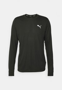 Svart långärmad sporttröja med vit Puma-logotyp på bröstet och "RUN" tryckt inuti kragen.