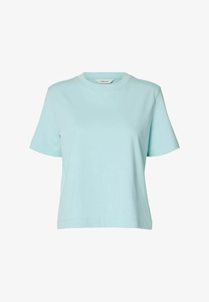 Vaaleansininen lyhythihainen t-paita, joka on valmistettu pehmeästä puuvillasta. Siinä on pyöreä kaula-aukko ja suoralinjainen malli, sileä rakenne ja minimaalinen yksityiskohtaisuus.