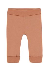 Roodbruine babylegging met opgerolde boorden en een brede, elastische tailleband, gemaakt van zachte gebreide stof.