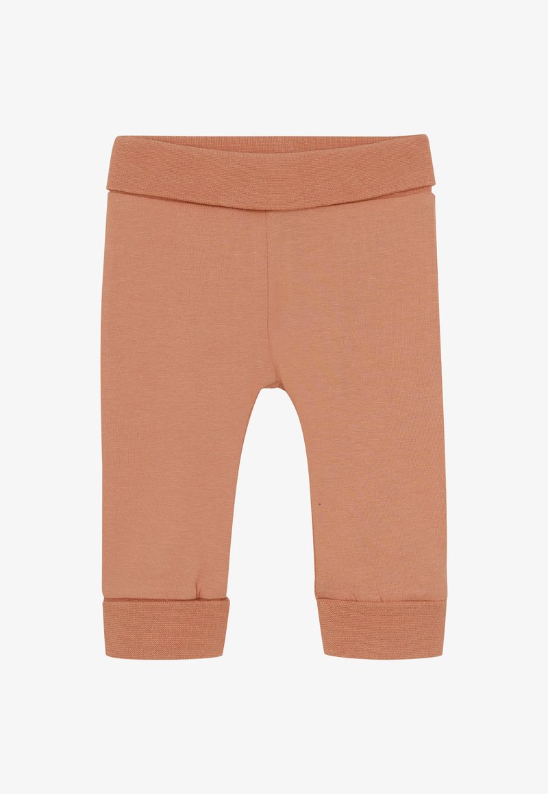 Roodbruine babylegging met opgerolde boorden en een brede, elastische tailleband, gemaakt van zachte gebreide stof.