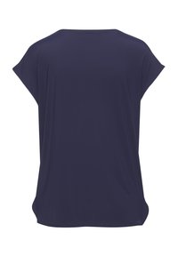 Tums tumši zilā krāsā ar īsām piedurknēm, brīva piegriezuma, taisna apakša un gluda tekstūra. Vienkāršs dizains bez rakstiem vai akcentiem.