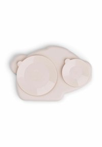 Set di alimentazione in silicone di un delicato rosa, composto da due piatti rotondi di diverse dimensioni e una base a forma di orsetto con texture per una maggiore stabilità.