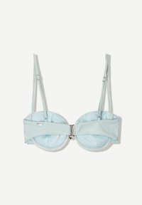 Light blue, padded bra with metallic accents. Made of smooth, shiny fabric, featuring adjustable straps and a hook closure at the back.
