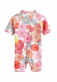 Kortärmad baddräkt med blommönster i rosa, röd och grå; tillverkad av stretchigt tyg med korta ben och platta sömmar.