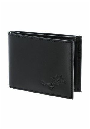 Black bifold leather wallet with embossed gecko design on the lower right corner, shown closed at a slight angle.