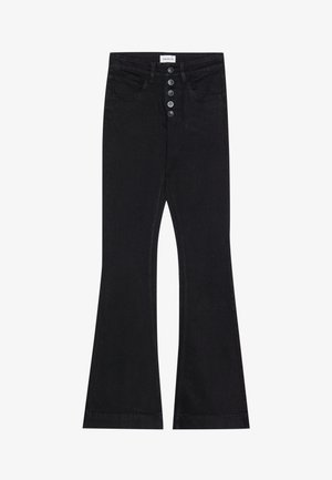 Fekete harangszárú farmernadrág, öt gombos elülső rögzítéssel, két elülső zsebbel és tiszta derékpánttal.