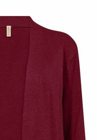 Bordeaux open-front cardigan gemaakt van zachte, gestructureerde stof met lange mouwen en een relaxte pasvorm. Beschikt over een label nabij de halslijn.