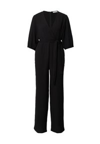 Zwarte, geribbelde wrap jumpsuit met een V-hals, korte pofmouwen, een zelfbindende riem in de taille en een verborgen rits aan de achterkant.