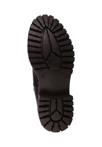 Czarna gumowa podeszwa buta z głębokimi rowkami i bieżnikiem zapewniającym przyczepność. Posiada zaokrąglony kształt i wyraźnie wystającą część w środku. Oznaczona rozmiarem 36.