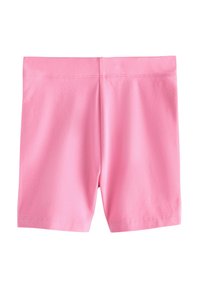 Rózsaszín, rugalmas anyagból készült rövidnadrág, sima textúrával, testhezálló szabással és rugalmas derékpánttal. Zsebek vagy díszítések nem láthatók rajta.