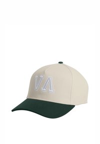Baseball cap with beige fabric, green bill, featuring white embroidered "VA" logo. Structured design with a rounded top and stitched accents.