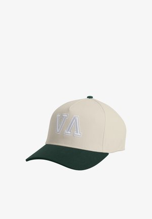 Baseball cap with beige fabric, green bill, featuring white embroidered "VA" logo. Structured design with a rounded top and stitched accents.