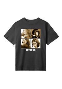 Black cotton T-shirt featuring four sepia-toned portraits arranged in a grid, with "LET IT BE" text at the bottom in bold white.