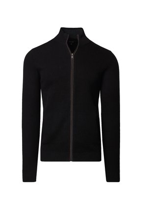 Czarny sweter na zamek błyskawiczny z wysokim kołnierzem, prążkowanym splotem i subtelnym kontrastowym detalem zamka. Długie rękawy i dopasowany krój.
