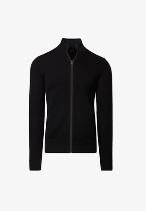 Czarny sweter na zamek błyskawiczny z wysokim kołnierzem, prążkowanym splotem i subtelnym kontrastowym detalem zamka. Długie rękawy i dopasowany krój.