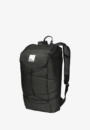 Zaino in tessuto nero con spallacci regolabili, dettagli in corda elastica sulla parte anteriore e logo etichettato. Pannello posteriore testurizzato per ventilazione.
