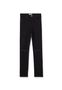 Jeans skinny negros de mezclilla, con detalles desgastados en las rodillas, bolsillos frontales y cierre con botón de metal. Textura suave.