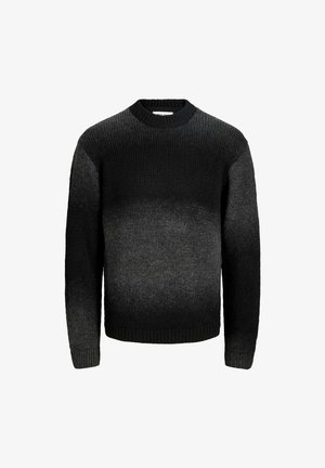 Mustmust ja tumehall gradientiga kootud sviiter pikkade varrukatega ning ribitud ümar kaelus, mansetid ja allääre.