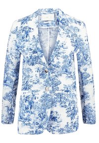 Blazer bianco con stampa botanica blu, dotato di revers a notche, due bottoni e tasche frontali. Realizzato in tessuto leggero.