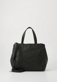 Zwarte leren shopper met twee bovenhandvatten, een afneembare schouderband en een gestructureerd oppervlak. Voorzien van een ritssluiting aan de bovenkant.