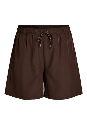 Brune atletikshorts med elastisk taljebånd og sort-hvid snøre, ensfarvet design, fotograferet mod en hvid baggrund.