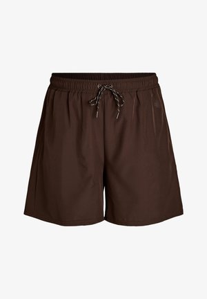 Brune atletikshorts med elastisk taljebånd og sort-hvid snøre, ensfarvet design, fotograferet mod en hvid baggrund.