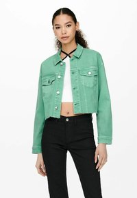 Giacca di jeans cropped verde menta con chiusura a bottoni e due tasche frontali, abbinata a una maglietta bianca e pantaloni neri a vita alta.