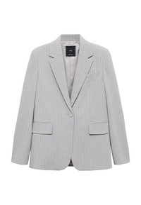 Šedý pruhovaný blazer s klopami, jedním zapínáním na knoflík a dvěma předními kapsami. Vyznačuje se hladkým podšíváním a přiléhavým střihem.