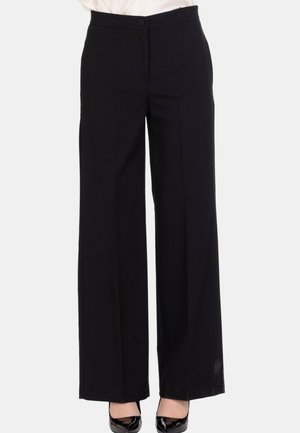 Pantaloni neri a gamba larga realizzati in tessuto liscio con vita alta, dotati di chiusura frontale con bottone e tasche laterali. Design pulito senza motivi.