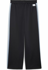 Zwarte wijde broek met een elastische tailleband, voorzien van lichtblauwe zijstrepen en een gladde, matte textuur.