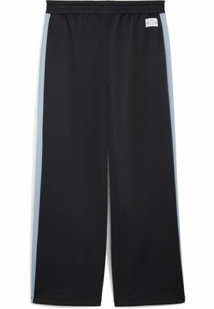 Zwarte wijde broek met een elastische tailleband, voorzien van lichtblauwe zijstrepen en een gladde, matte textuur.