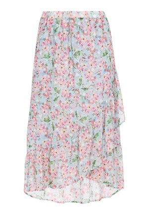 Ručna suknja s cvjetnim uzorkom u laganom, prozirnom materijalu s pastelnoplavom pozadinom, koja sadrži uzorke ružičastih i zelenih cvjetova te volanasti rub.