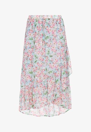 Ziedu apakšsvārki vieglā, caurspīdīgā audumā ar pasteļzilu fonu, kas izrotāts ar rozā un zaļiem ziedu motīviem, un ar viļņotu apakšmalu.