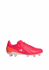 Scarpini da calcio in materiale sintetico rosa brillante, con suola bianca e dettagli arancioni. Presentano un design con lacci e tacchetti modellati.