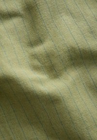 Tissu vert olive clair avec fines rayures verticales bleues et texture tissée visible, présenté avec des ombres douces et des plis.