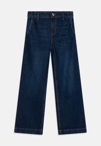 Jeans de algodón de pierna ancha en denim oscuro con cintura, bolsillos delanteros y costuras en contraste. Presenta un cierre de botón metálico y cremallera.