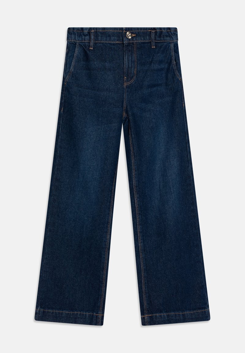 Mørke denim vide ben jeans med linning, frontlommer og kontrasterende sømmer. Har en metallknapp og glidelåsforsegling.