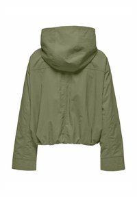 Veste à capuche surdimensionnée, coupée, en vert olive ; fabriquée dans un tissu léger et texturé avec un ourlet froncé et de longues manches.